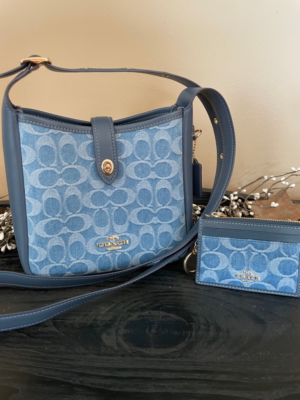 NWT Coach Hadley Mini Crossbody- Leather Trim & Mini ID Case in Signature Denim